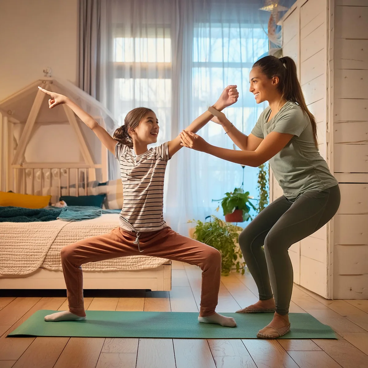 A 15 year old teenager from Atlanta is practicing a common yoga pose in her room with her yoga teacher from Imagine Arts school