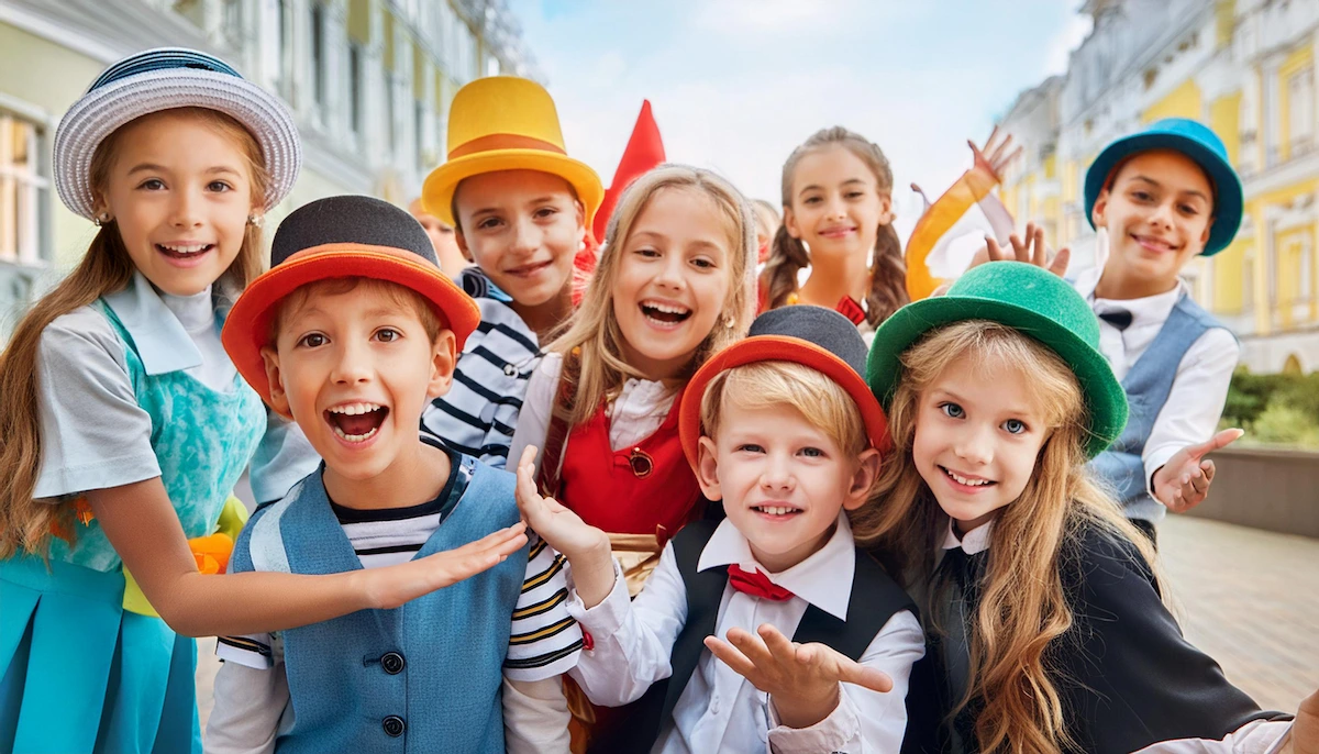 Bunch of kids are practicing Acting Improv lessons in a group as part of the Imagine Arts school