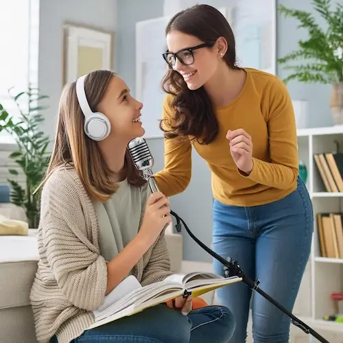 A 16 year old teenager from Atlanta is having singing lessons in her house with her singing teacher from Imagine Arts school